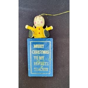 Vtg My Favorite Teacher Merry Christmas Ornament Wooden Midwest Cannon Falls -C1